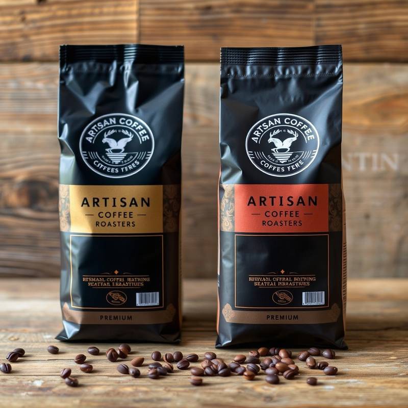Package design for 'Artisan Coffee Roasters', demonstrating a rustic and premium feel through carefully selected fonts and earth-tone colors.